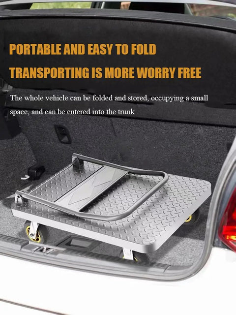 Heavy Duty Folding Cart With Wheels And Handle For Easy Haul And No Sweat Transport Durable Platform Cart Built To Last 90 By 60 Cm Portable Flatbed Cart For Moving Goods And Equipment No Fuss Heavy Lifting folded in car trunk
