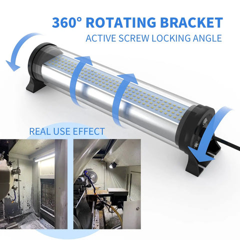 Beefed Up 25W IP66 Explosion Proof LED Work Light Tube with rotating bracket for CNC machines, showing real use in industrial setting.