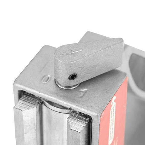 Top view of Must Have Dual Switch Welding Magnet Jig For 90 Degree Angles with control lever and steel construction.