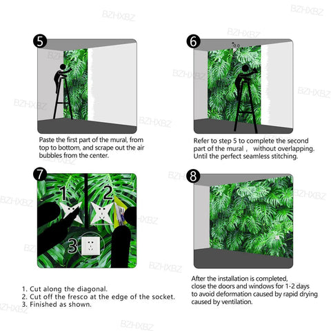 Tropical Botanical 3D Wall Mural With Green Leaf Monstera For Bedroom And Living Room Decor installation steps illustration