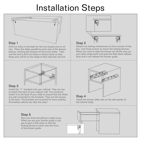 Installation steps for undermount soft close drawer slides set with full extension, 9-24 inch, bottom mount, concealed runners