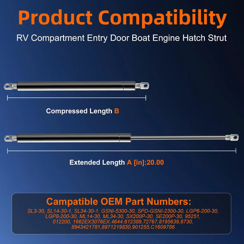 Killer 20 Inch Gas Strut Assembly With 30 Pound Lift Force for RV compartment entry doors and boat engine hatches.