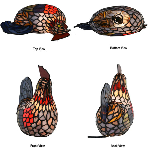 Colorful Rooster Tiffany Style Stained Glass Table Lamp with Night Light for Bedside and Living Room Decor 12 Inch Long E12 Socket LED Bulb Included Warm White Glow shown from multiple angles