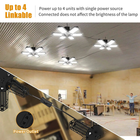 4 Foot LED Shop Light With 6 Foldable Heads, 50W 6500K Daylight White, illuminating a garage across multiple units
