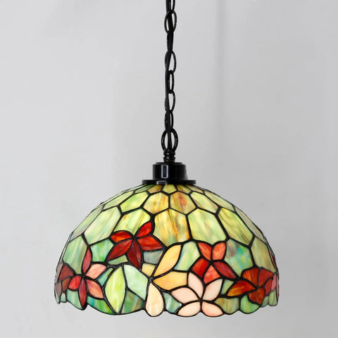 Tiffany Style Stained Glass Pendant Light Plug In Swag Lamp With 32 Inch Chain And 15 Foot Cord For Cozy Dining Room Or Living Room Vibe Red Green Floral Glass Shade 12 Inch Wide showing red and green floral pattern.