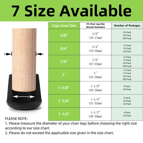 Size chart with No Slip Rubber Chair Leg Tips Caps Three Quarter Inch Inner Diameter Floor Protectors Round Black 16 Pack Durable Wear Resistant Odorless Easy To Install illustrated with wooden chair leg.