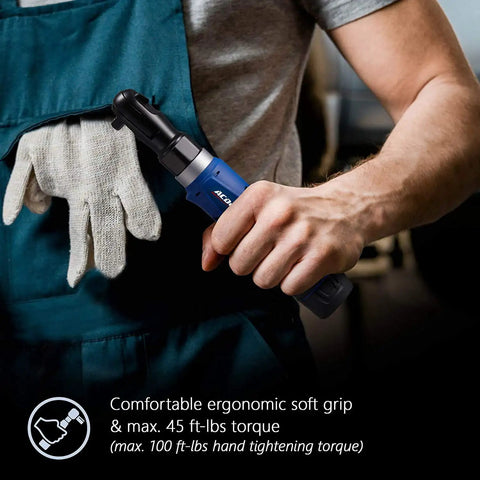 Person using Cordless Ratchet Wrench Combo Kit With Three Eighths Inch And Quarter Inch Heads Forty Five Foot Pounds And Thirty Foot Pounds Torque 240 RPM All In One Pro Grade Electric Ratchet Set Includes One Li Ion Battery And Charger Canvas Bag For Auto Repairs