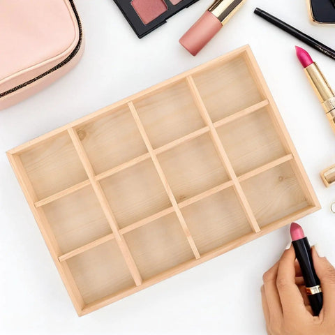 Straight Up Premium Solid Wood Jewelry Tray With 12 Divided Compartments For Rings Bracelets And Earrings sturdy desk organizer view with makeup tools.