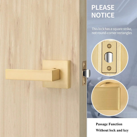 6 Pack Satin Brass Interior Door Handles With Passage Function, Heavy Duty Hall And Closet Door Lever Knobs, square strike detail