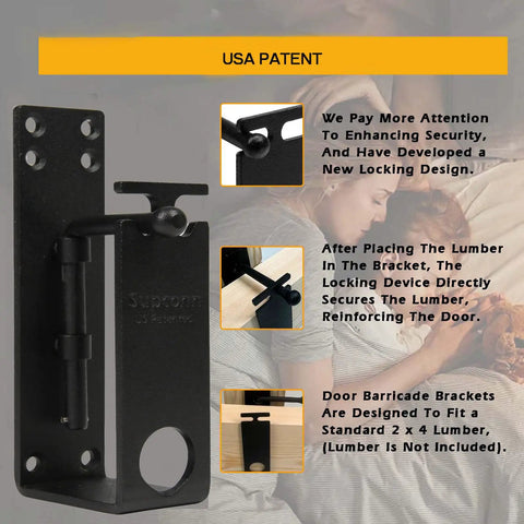 Heavy Duty Lockable Door Barricade Brackets Paired With Gate Bar Holder showing a secure locking design and connection to a 2x4 board.