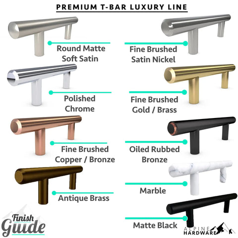 Premium T-Bar Luxury Line cabinet handles in various finishes, including round matte satin, polished chrome, and antique brass.