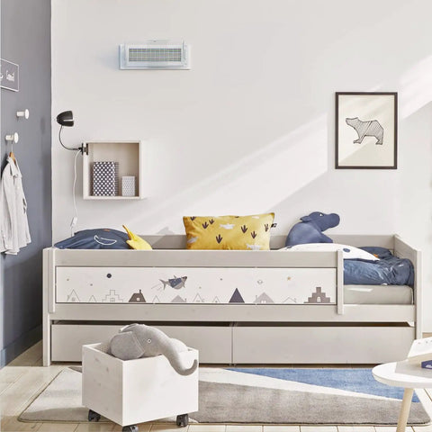 Children's room with adjustable magnetic heat and air deflector for vents sidewall and ceiling registers extends from 10 to 16 inches