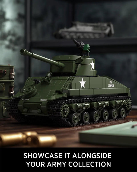 M4 Sherman Tank Building Kit For Adults, Realistic WW2 Military Model with Movable Front Section, Display on Shelf