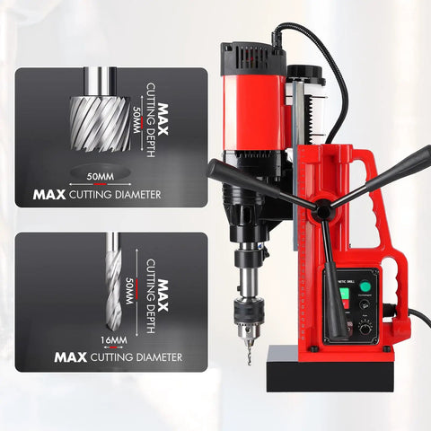 1550W Portable Magnetic Drill Press With 2 Inch Boring Diameter And Variable Speed Up To 500 Rpm with cutting depth details.