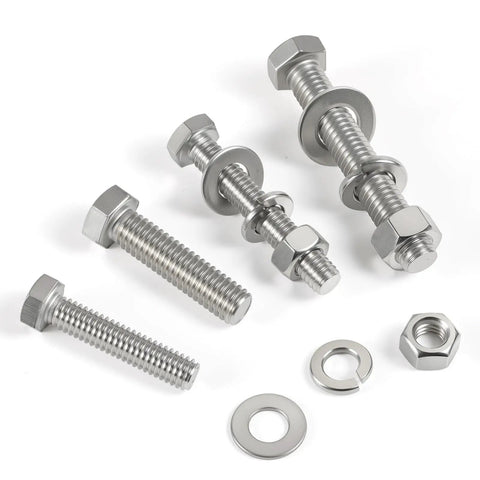 Rock Solid 3/8-16 Hex Head Bolts With Lock Nuts And Flat Washers 304 Stainless Steel Full Threaded Hardware Kit components laid out.