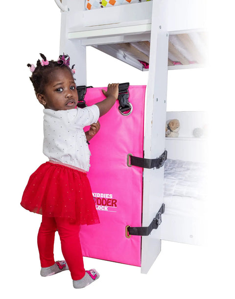 Kid Friendly Ladder Lock For Bunk Beds Pink Prevents Access To Ladders shown on bunk bed with toddler standing nearby.