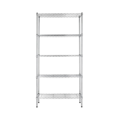 Heavy Duty Five Shelf Wire Storage Rack With Chrome Steel Finish, adjustable shelving for garage or kitchen organization.