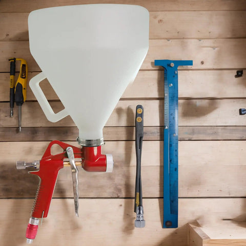 Drywall Texture Sprayer Kit One Point Five Gallon Air Hopper Paint Gun With Three Nozzles 4mm 6mm 8mm on wooden wall