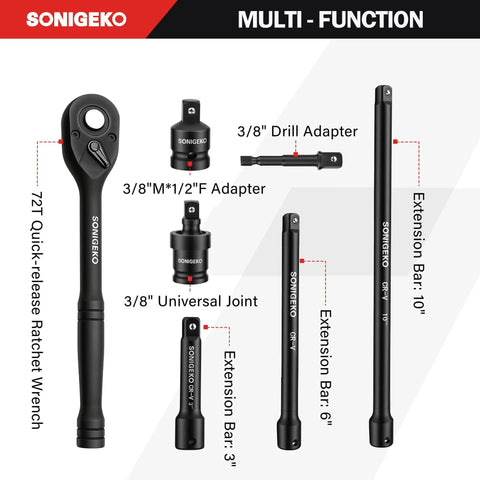 Components of Three Eighth Inch Drive Impact Socket Set With Sixty Seven Piece Metric And SAE Six Point CR V Steel Sockets