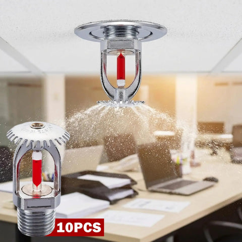 Heavy Duty 10 Pack Fire Sprinkler Heads Boasting 155F Upspray Shield And Straight Up Smooth Plug In Half Inch Threads For Any House Or Garage spraying water in an office setting.