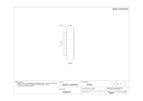 Hardcore Tapered Roller Bearing Single Cone Inner Ring Standard Tolerance side view dimensions showing 1.1250 Inch ID and 0.8125 Inch Width.