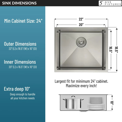 Undermount 22 Inch Stainless Steel Kitchen Sink With XL Deep Single Bowl 16 Gauge Heavy Duty Top Tier Full Accessory Set Included