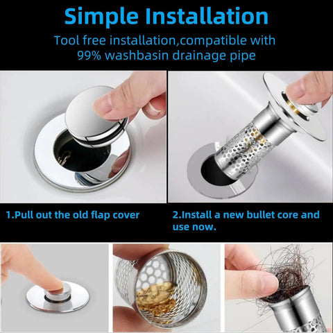 Hella Solid Bathroom Pop Up Sink Drain Strainer Two Pack Stainless Steel Hair Catcher Filter Basket, showing simple tool-free installation steps.