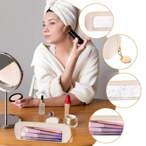 Stylish Beige PU Leather Travel Makeup Bag, Super Portable Transparent Waterproof Cosmetic Organizer Pouch with Zipper for Women
