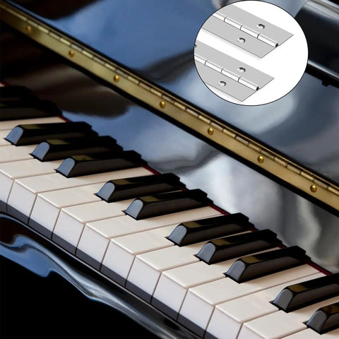 Heavy Duty 48 Inch Stainless Steel Piano Hinge Continuous Cabinet Door Hardware 2 Inch Wide With Included Screws viewed on a piano.