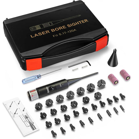 Pro Red Laser Bore Sight Kit with Button Switch 32 Adapters covering 0.17 HMR to 12 GA on display with tool case.
