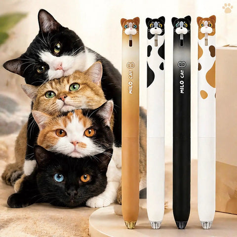 4 Pack Cute Cat Gel Pens Retractable 0.5mm Black Ink Writing Pens For Kids Teens Students And Grownups, Kawaii Kitten Cartoon Pen Set