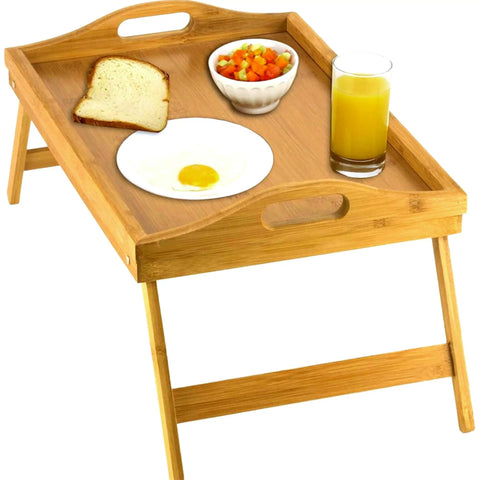 Premium Bamboo Bed Tray With Smart Foldable Legs And Secure Carry Handles, Smooth Laptop Desk used for breakfast, 18 by 12 inch size.