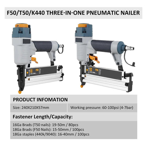 Reliable Pneumatic Brad Nailer Gun With Precision Depth Trigger Feather Touch Ergonomics, 240X210X57mm size, 3-in-1 nailer tool.