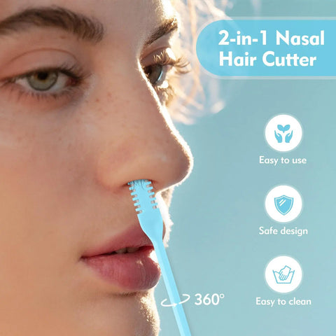 Person using Five Pack 2 In 1 Nasal Hair Cutter Double Sided Nose Hair Trimmer Upgraded 360 Degree Rotating Manual Nose Trimmer