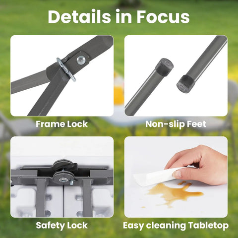 Close-up of 8 Feet Folding Picnic Table With Carry Handle, showing frame lock, non-slip feet, safety lock, and easy-clean tabletop features.