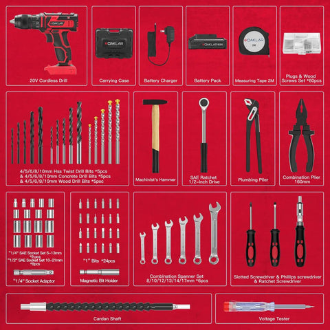 133 Piece Power Tool Kit Set With 20V Cordless Drill Half Inch All Metal Chuck Variable Speed 18 Plus 1 Clutch 2.0Ah Battery And Charger