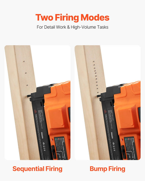 Smooth Shootin Cordless Brad Nailer 18 Gauge 20V Battery Powered Nail Gun showing sequential and bump firing modes on wood.