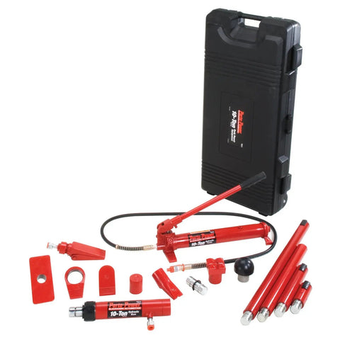 Pro Grade Hydraulic Body Repair Kit 19 Piece Tool Set With 10 Ton Ram Puller And Flex Head featuring tools in a case.