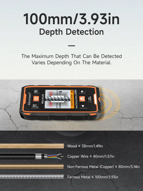 Hella Sensitive Wall Scanner And Slick Stud Finder Tool With Smart Chip Locates Wood Studs Metal Joists Live Electrical Wire And Pipes Using Laser Guide For Fast Drywall Or Framing Work At Home depth detection specifications showing maximum detection for various materials.