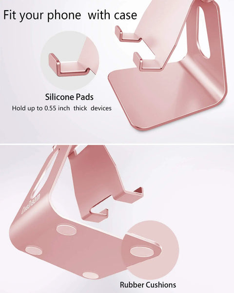 Rose Gold Adjustable Aluminum Phone Stand For All Phones With 270 Degree Tilt Case Friendly Clamp emphasizing silicone pads and rubber cushions.