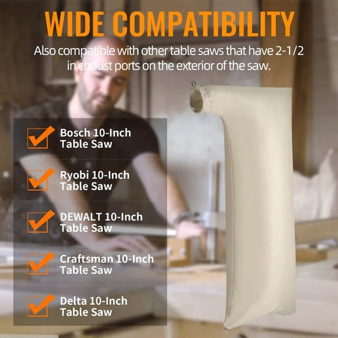 Extra Large Table Saw Dust Collector Bag Universal Fit For 10 Inch Power Tools With 2.5 Inch Port Hookup No Sweat Cleanup System, beige fabric.
