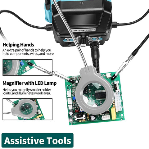 Pro Grade 110W Digital Soldering Station Kit with helping hands and magnifier on circuit board