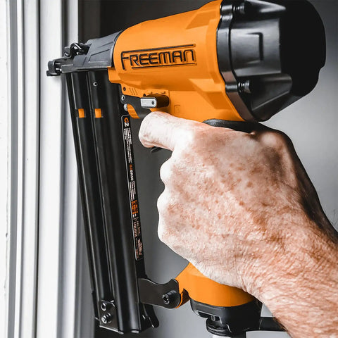 Top Shelf Next Generation Pneumatic 18 Gauge 2 Inch Brad Nailer Boasting Smooth Airflow Control And Ultra Tough Hardened Steel Construction For Pro Contractors in hand.