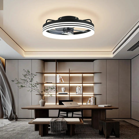 Modern Flush Mount Ceiling Fan With Lights Remote Control Low Profile LED Dimmable Ceiling Fan Light 5 Blades 6 Speed Quiet Reversible Indoor Use For Bedroom Living Room Office Dining Area Kids Room in home office setting