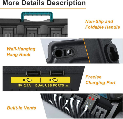 Four Port Battery Charger Station for 12V 20V Max and 60V Max Li-Ion Batteries with dual USB ports and foldable handle