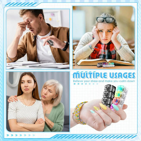 2 Pack 4 In 1 Keyboard Fidget Clicker Toys being used for stress relief in various scenarios, featuring silent and loud keychain cubes
