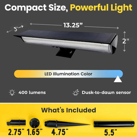 Adjustable Solar Sign Lights Outdoor Black LED Floodlight For House Numbers Real Estate Curb Appeal Crisp Cool White Beam IP65 Weatherproof Dusk To Dawn Sensor with 13.25" length and 2" height.