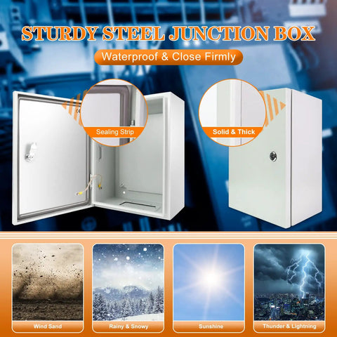 Tough As Nails Outdoor Electrical Box 12 By 10 By 6 Inch NEMA 4X Waterproof Steel Enclosure Lockable Junction Box, open and closed views.
