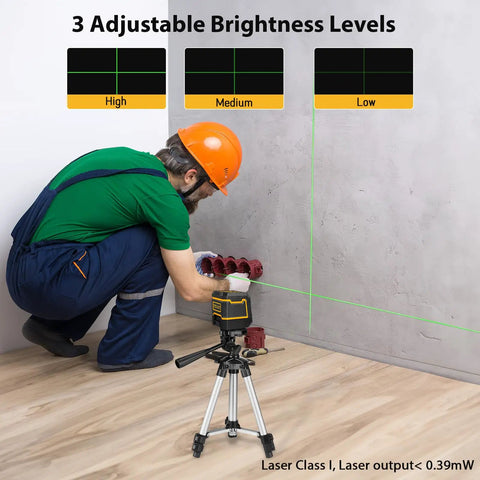 Green Cross Line Laser Level With Tripod Self Leveling Tool For Picture Hanging And Tile, Floor, Wall Alignment, DIY Friendly Home Renovation, Indoor Outdoor Use, 82 Ft Range, Easy Setup, Bright Green Beam, worker aligning wall