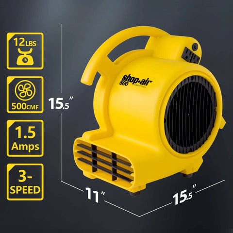 Professional 500 Max CFM Air Mover With 12 Ft Cord, 3 Drying Settings, Lightweight Portable Unit, dimensions and features shown